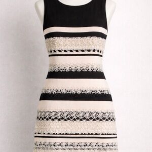 CHANEL Black and Cream Striped Lace Midi Dress